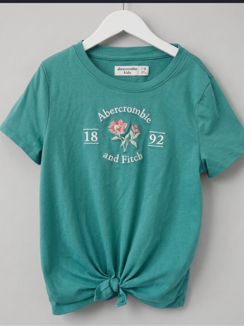 abercrombie kids y2K girls teal floral logo tie-front tee - size 7/8